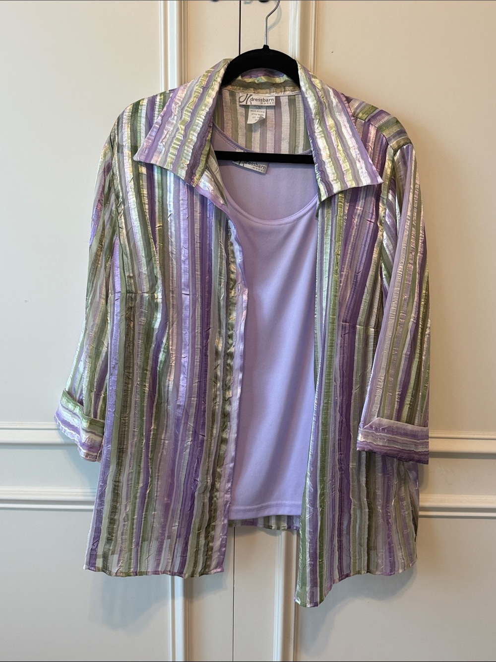 Dress Barn Lavender, Green and Ivory Striped Sheer Button-Front Top